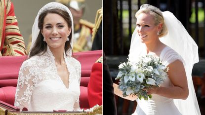Composite of Kate Middleton travelling in a carriage on her wedding day and Zara Tindall outside the church on her wedding day