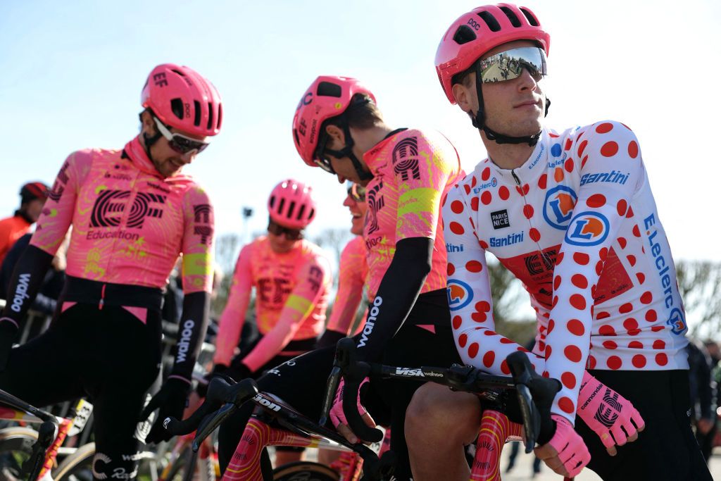 EF Education-Easypost's German cyclist Jonas Rutsch (R), wearing the best climber's polka dot jersey, waits for the start of the 2nd stage of the Paris-Nice cycling race, 179 km between Thoiry and Montargis, on March 4, 2024. (Photo by Thomas SAMSON / AFP)
