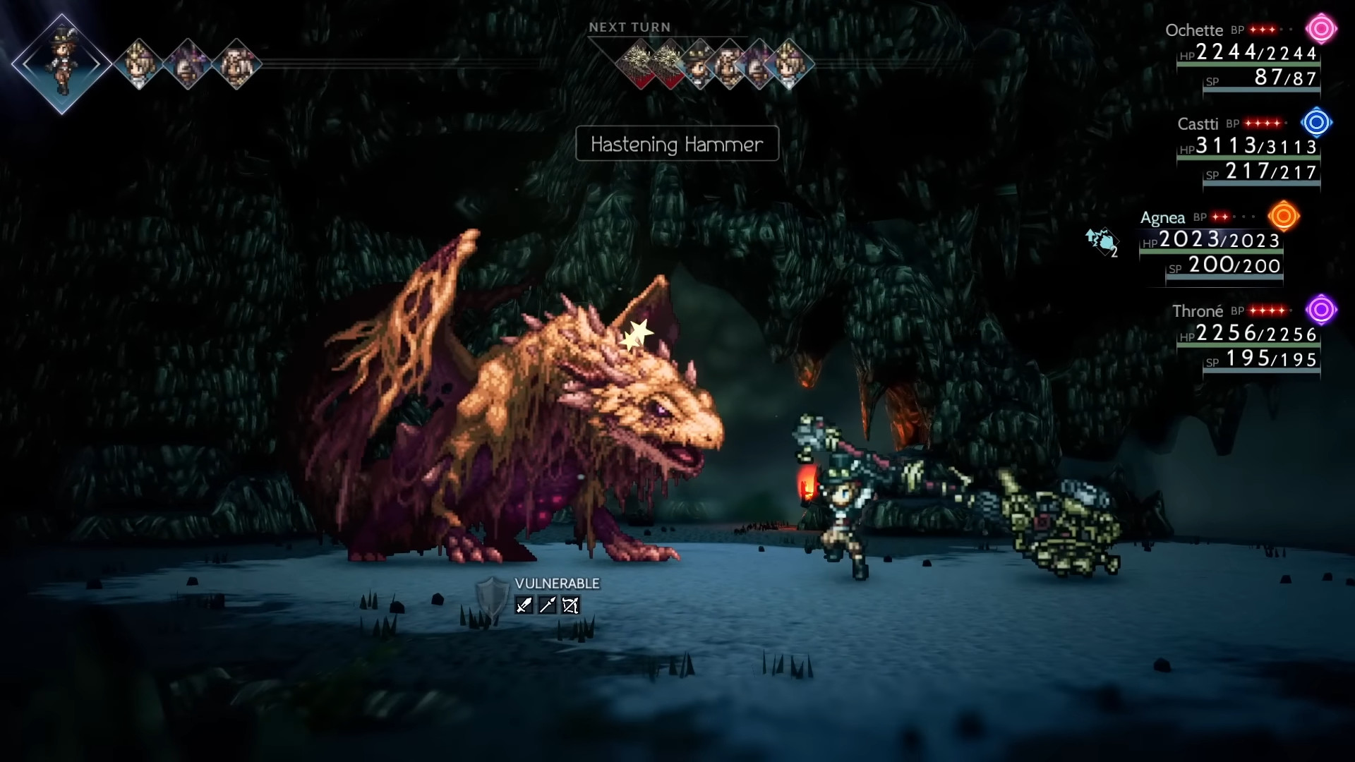 A boss battle during the RPG Octopath Traveler 2