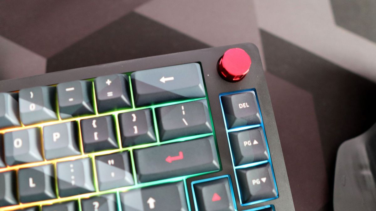 A Das Keyboard DeltaForce 65 gaming keyboard with Cherry MX switches and in camo colourway on a desk.