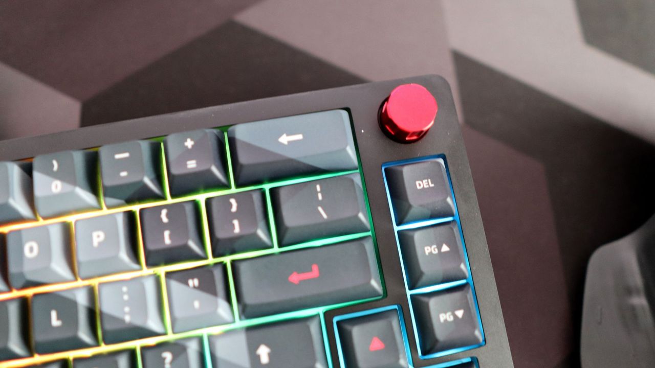 A Das Keyboard DeltaForce 65 gaming keyboard with Cherry MX switches and in camo colourway on a desk.
