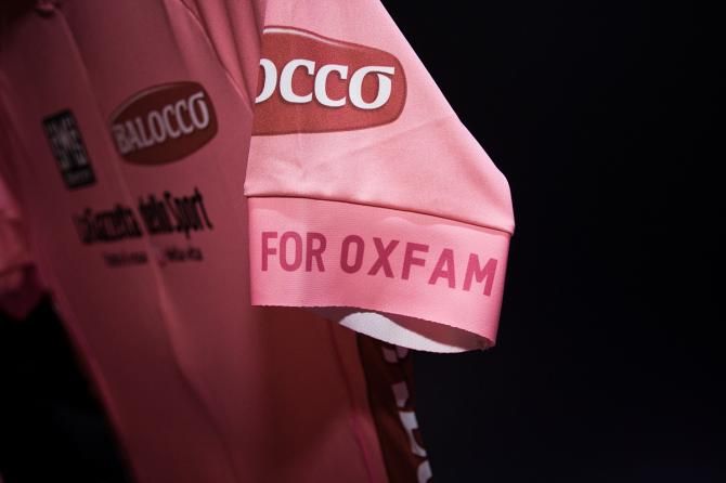 The 2014 Giro d'Italia leader's jersey sports a 'Giro fights for Oxfam' logo