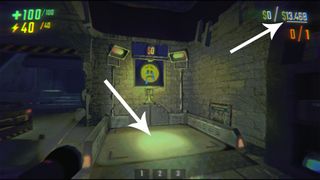 Arrows pointing to the loot quota and extraction platform in horror game REPO.