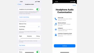 AirPods Headphones Accommodations settings screengrabs, showing the balance adjustment and audio customisation introduction