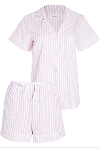 light pink and white striped short sleeved pajamas and shorts set