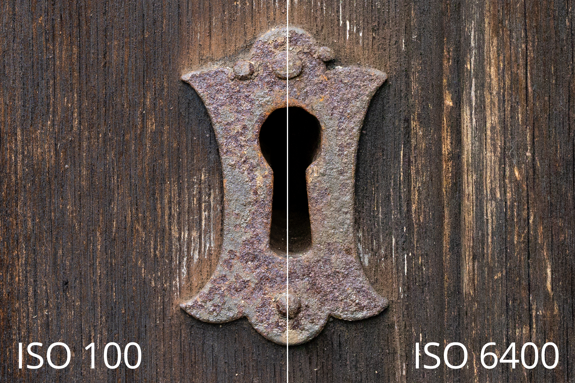 Close up of rusted lock on wooden door with left half ISO 100 and right half ISO 6400