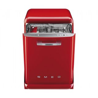 Red slightly open Smeg dishwasher showing top shelf
