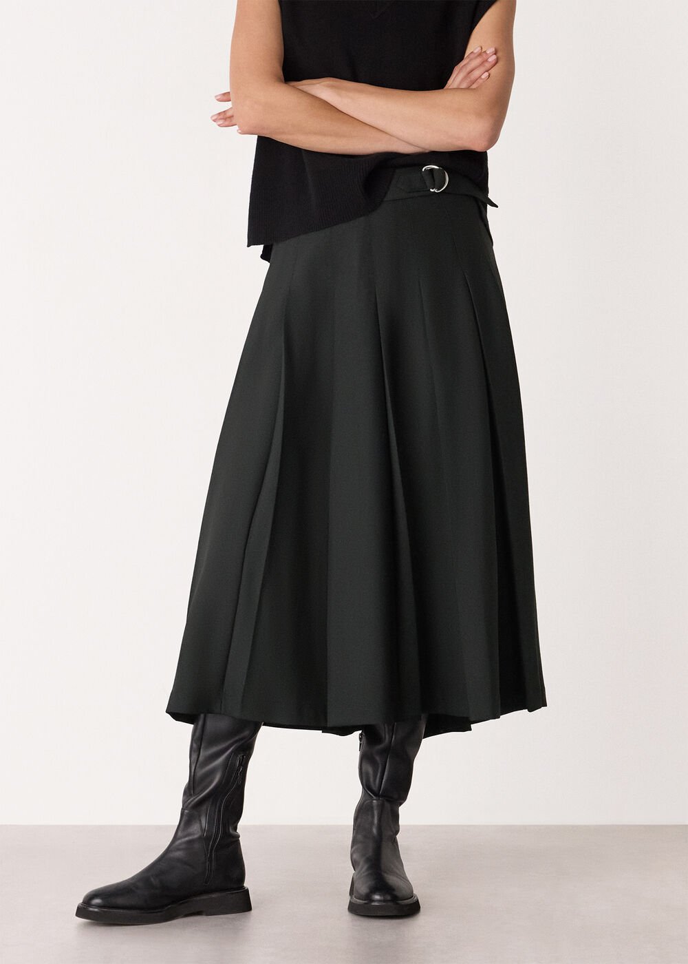 Black Wool Blend Pleated Kilt Skirt