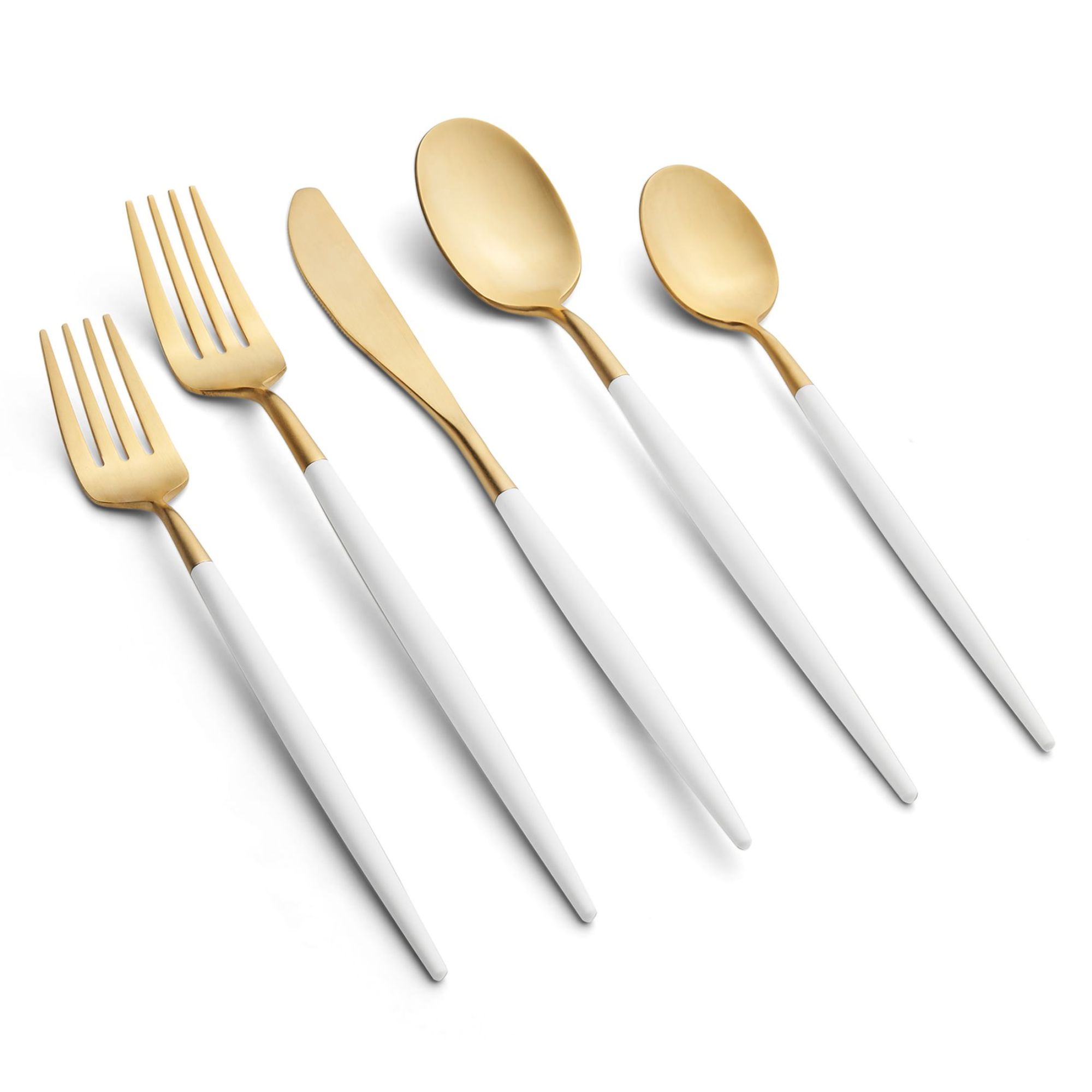 Five-piece cutlery set with white handles and gold tops