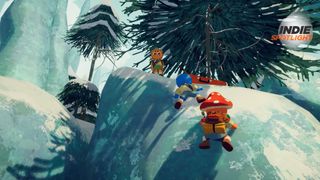 Peak screenshot showing two climbers trying to ascend an icy rockface as another scout stands at the top waiting - the Indie Spotlight logo can be seen in the top right corner