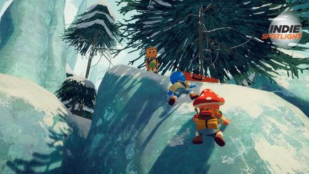 Peak screenshot showing two climbers trying to ascend an icy rockface as another scout stands at the top waiting - the Indie Spotlight logo can be seen in the top right corner