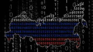 Shape of Russia filled with Russian flag-colored code on a black hacking background