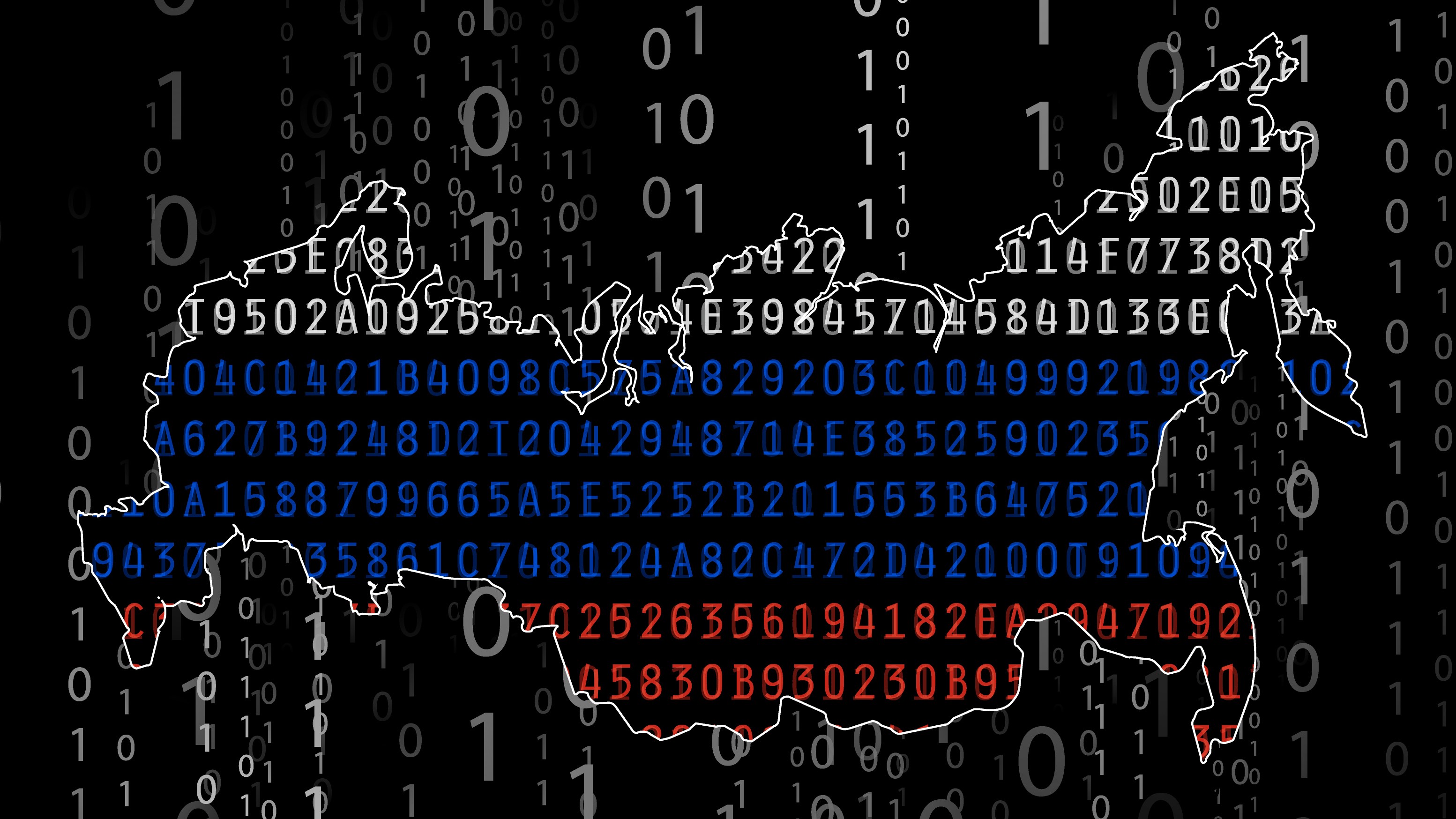 Shape of Russia filled with Russian flag-colored internet codes on a black hacking background
