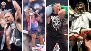 Stone Cold Steve Austin, Kurt Angle drinking milk, Brock Lesnar and Mankind