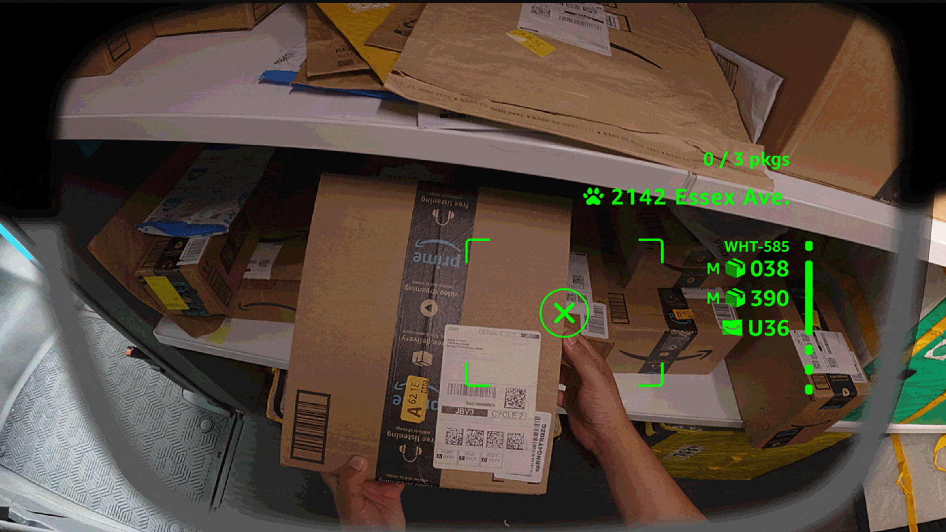 A mock up of what it would be like to wear Amazon Amelia smart glasses in an Amazon warehouse