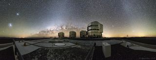 A panoramic view of the night sky over the Very Large Telescope in Chile shows several interesting objects: the Milky Way galaxy, the Large and Small Magellanic Clouds, zodiacal light and gegenschein.