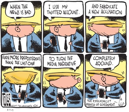 Political Cartoon U.S. Donald Trump political exorcist Twitter turns media coverage around