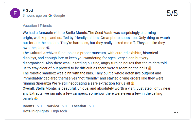 A review for the Hotel Stella Montis, describing a "fantastic visit" and "surprisingly charming" Seed Vault.