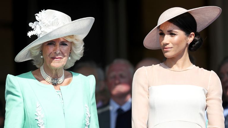 Camilla, Duchess of Cornwall and Meghan, Duchess of Sussex attend The Prince of Wales' 70th Birthday Patronage Celebration held at Buckingham Palace on May 22, 2018 in London, England.