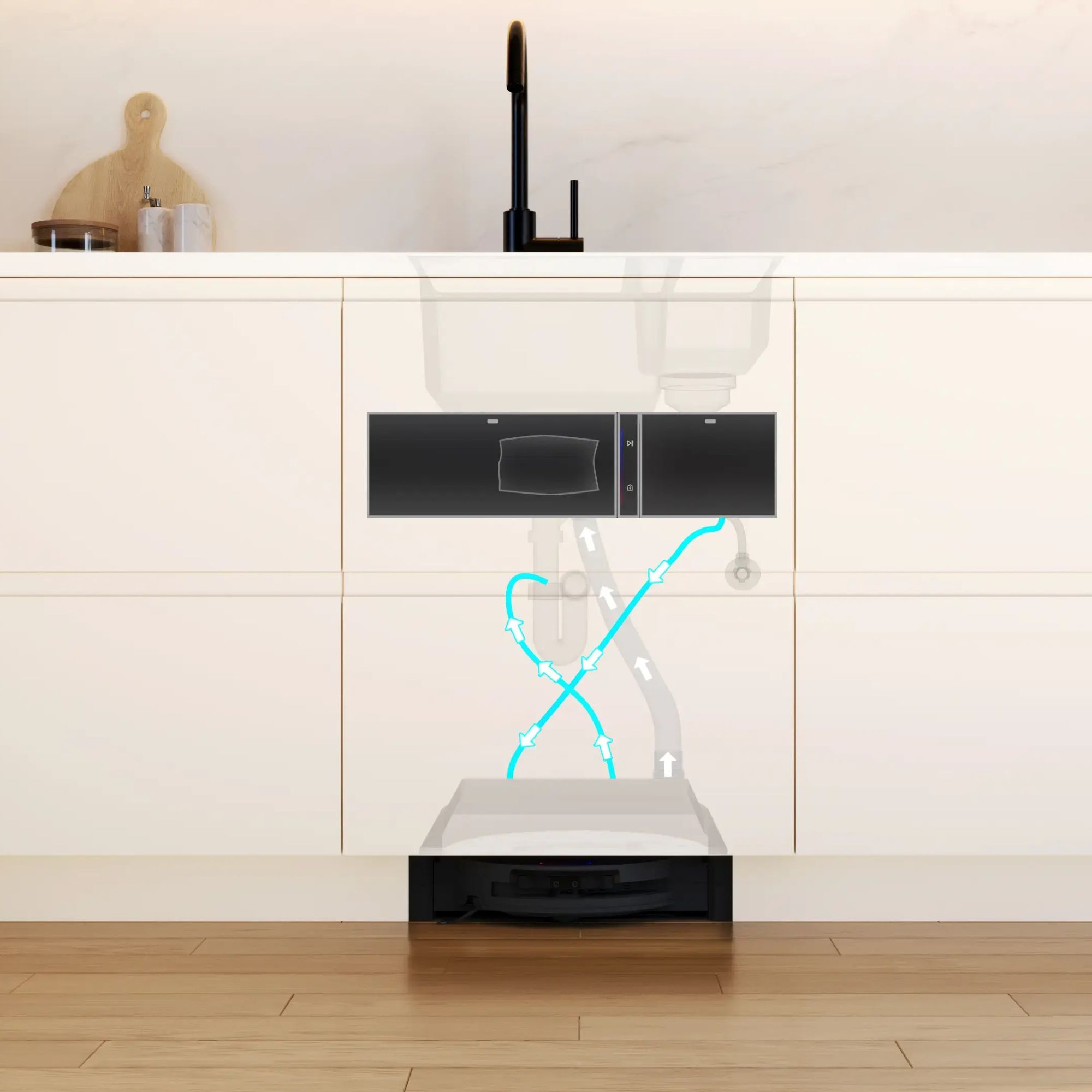 Image showing how the Bosch integrated robot vacuum and mop links up to the debris chamber in a cupboard under the sink