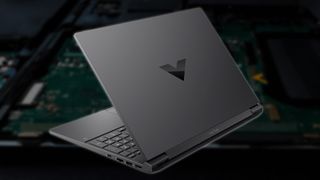 HP Victus gaming laptop render with component background