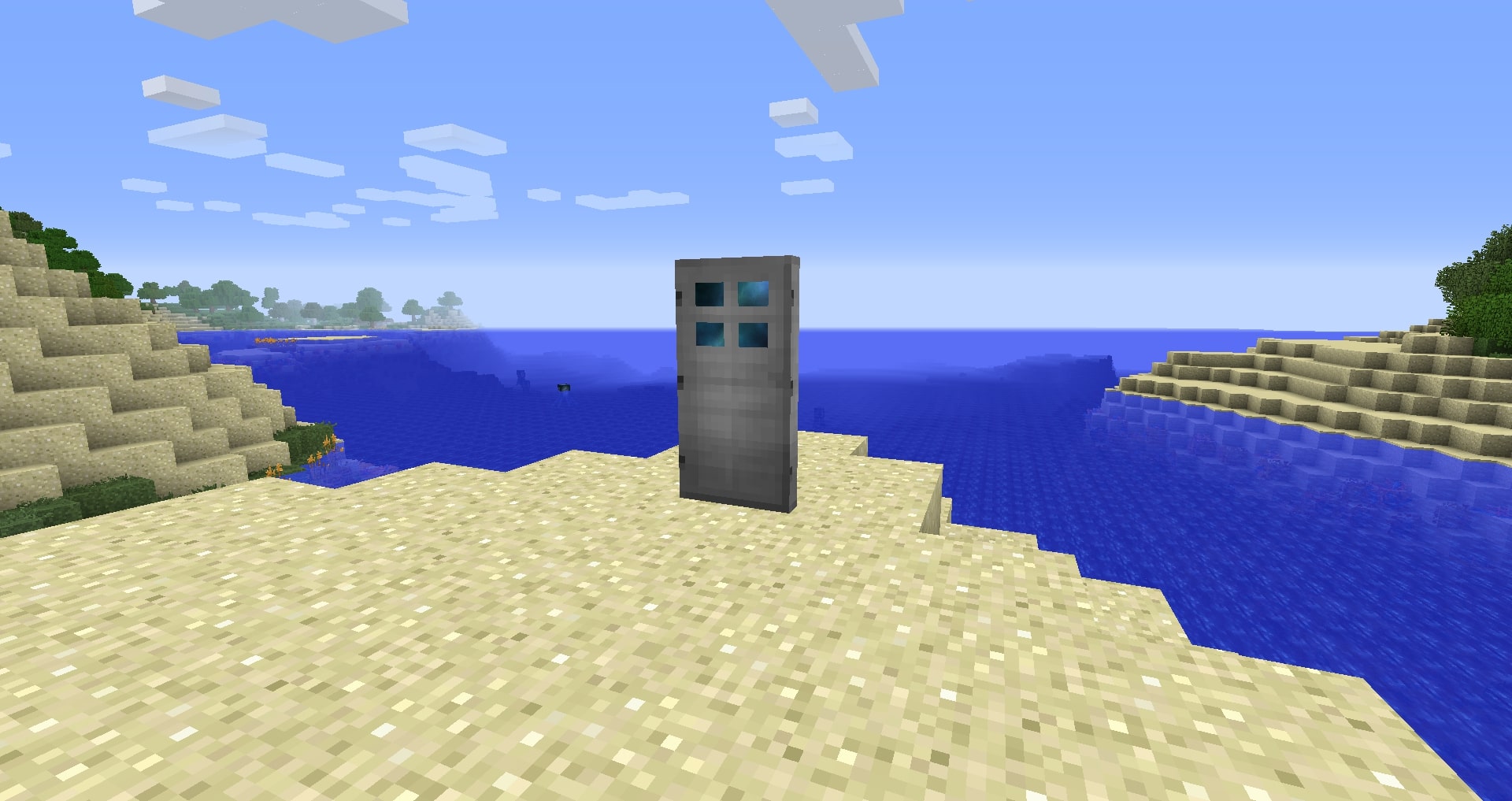 Minecraft mods - DimensionalDoors - An iron door standing on a Minecraft beach.