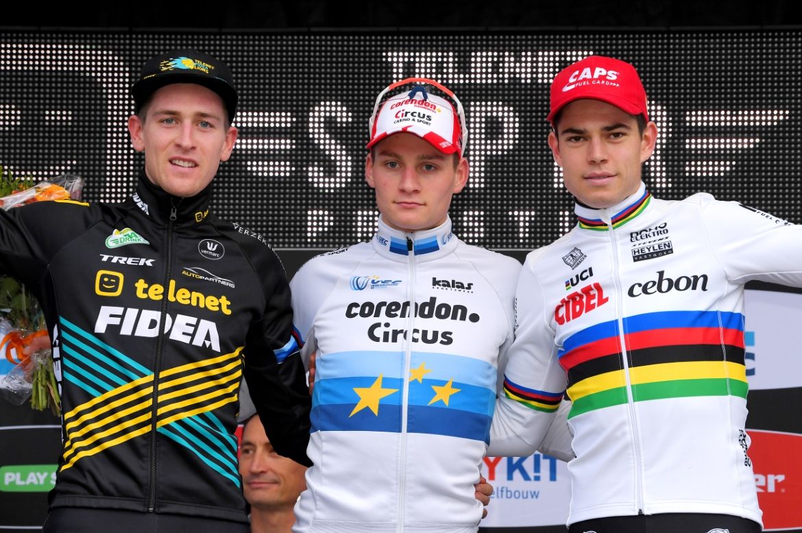 Toon Aerts, Mathieu van der Poel and Wout Van Aert on the podium in Gavere
