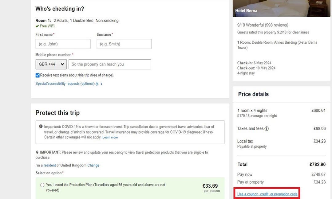 Screenshot of Expedia's website showing users where to enter discount codes