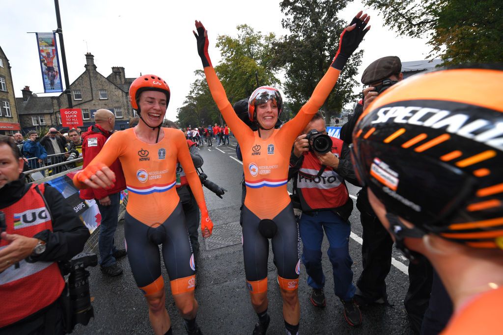 Riejanne Markus, Lucinda Brand and Amy Pieters celebrate after the finish