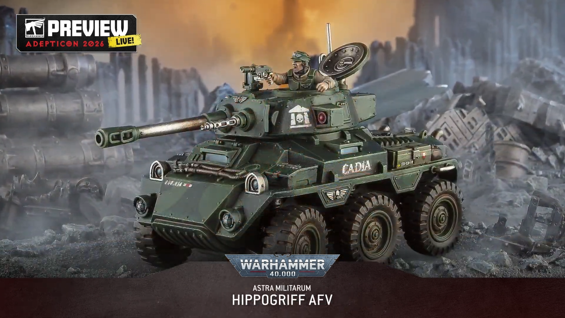 Warhammer miniatures posed against terrain and other models