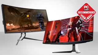 A legjobb ívelt monitorok a játék fejlécének képéhez két ívelt monitorral és egy PC -gamer ajánlott jelvényrel