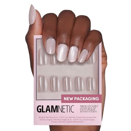 Glamnetic Press on Nails - Pure Intentions | Glossy, Semi-Transparent, Short Round Nails, Reusable | 12 Sizes - 30 Nail Kit With Glue
