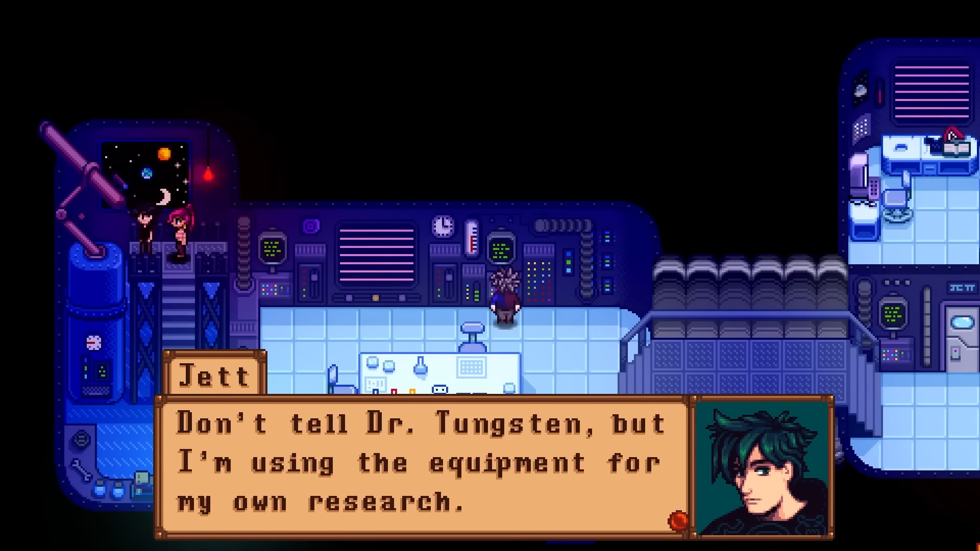 Jett talking to the player in Dr. Tungsten's lab in Haunted Chocolatier