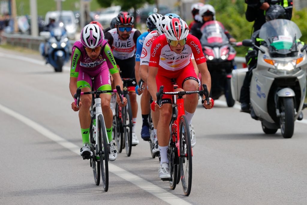 Team Bardiani rider Italys Giovanni Carboni L and Team Cofidis rider Frances Victor Lafay R compete during the eighth stage of the Giro dItalia 2021 cycling race 170 km between Foggia and Guardia Sanframondi on May 15 2021 Photo by Luca Bettini AFP Photo by LUCA BETTINIAFP via Getty Images