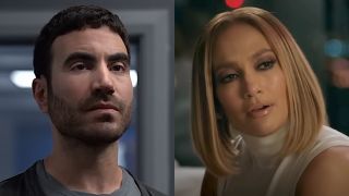Brett Goldstein looking peeved as Roy Kent in Ted Lasso/ Jennifer Lopez with a bob in the 2022 movie Marry Me. (side by side image)