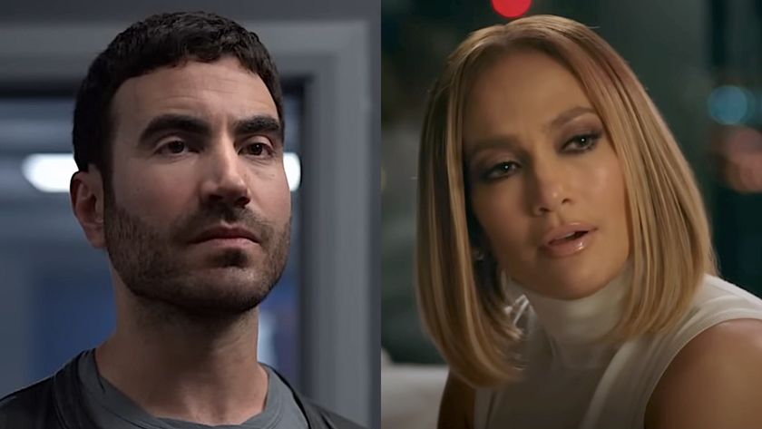 Brett Goldstein looking peeved as Roy Kent in Ted Lasso/ Jennifer Lopez with a bob in the 2022 movie Marry Me. (side by side image)
