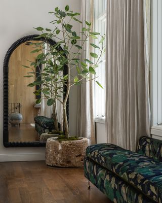 living room with sheer gray curtains