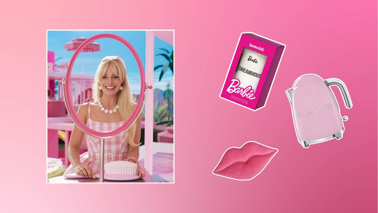 A picture of Margot Robbie in the Barbie film plus three Barbie home decor buys