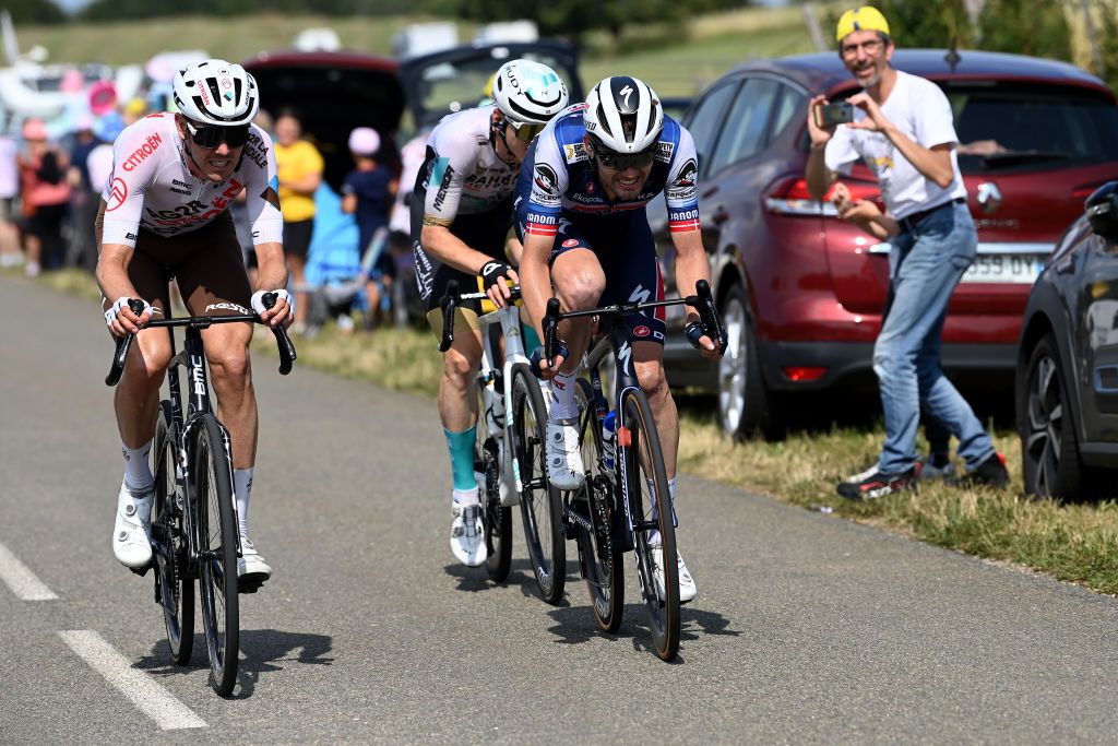 POLIGNY FRANCE JULY 21 LR Ben Oconnor of Australia and Ag2R Citron Team Matej Mohoric of Slovenia and Team Bahrain Victorious and Julian Alaphilippe of France and Team Soudal Quick Step compete in the breakaway during the stage nineteen of the 110th Tour de France 2023 a 1728km stage from MoiransenMontagne to Poligny UCIWT on July 21 2023 in Poligny France Photo by Tim de WaeleGetty Images