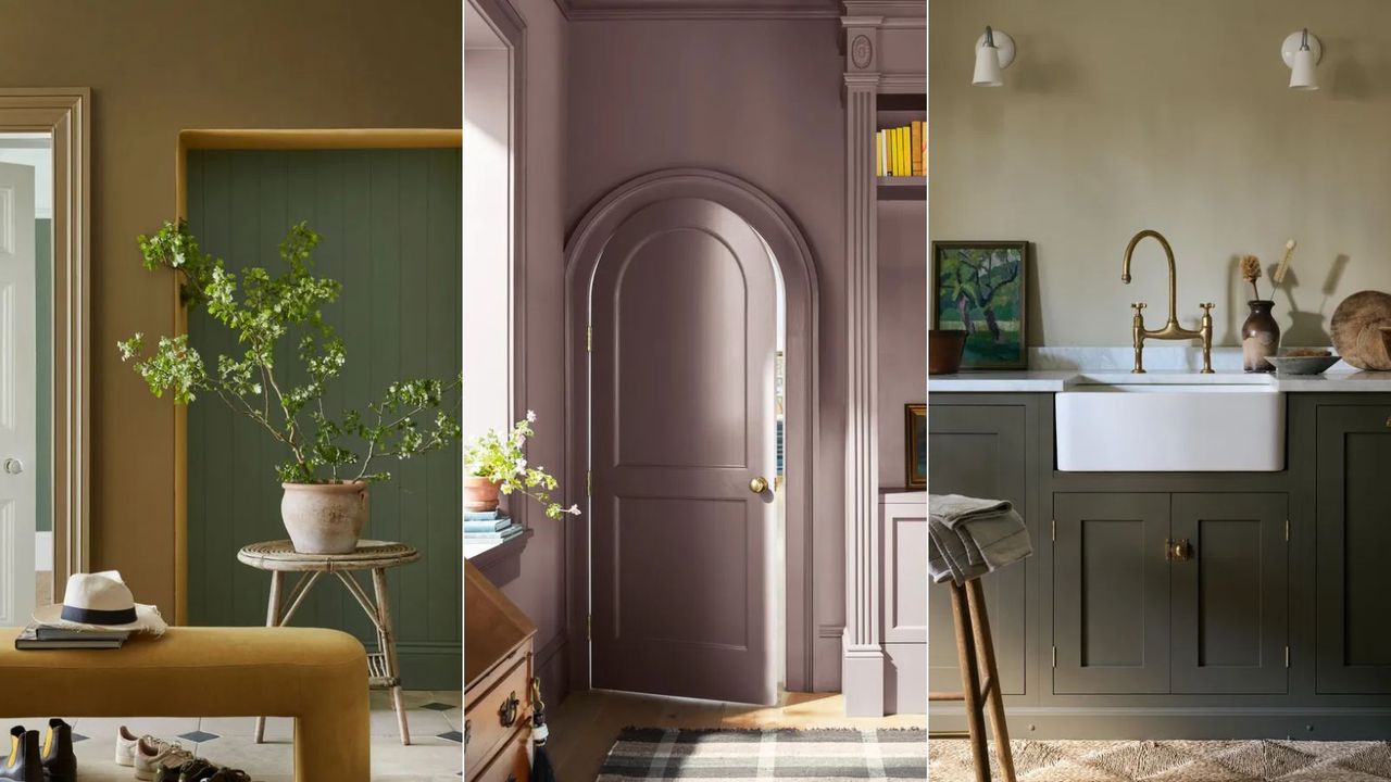 brown-green entryway, purple living room with arched door, kitchen with beige wall and gray-green cabinets