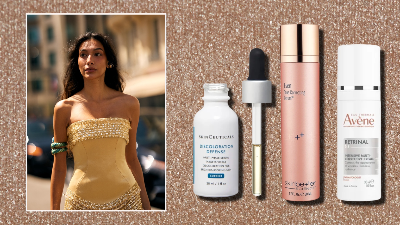 an Indian woman in a yellow corset on a gold glitter background with three bottles of dark spot correctors, two in white and one in pink packaging