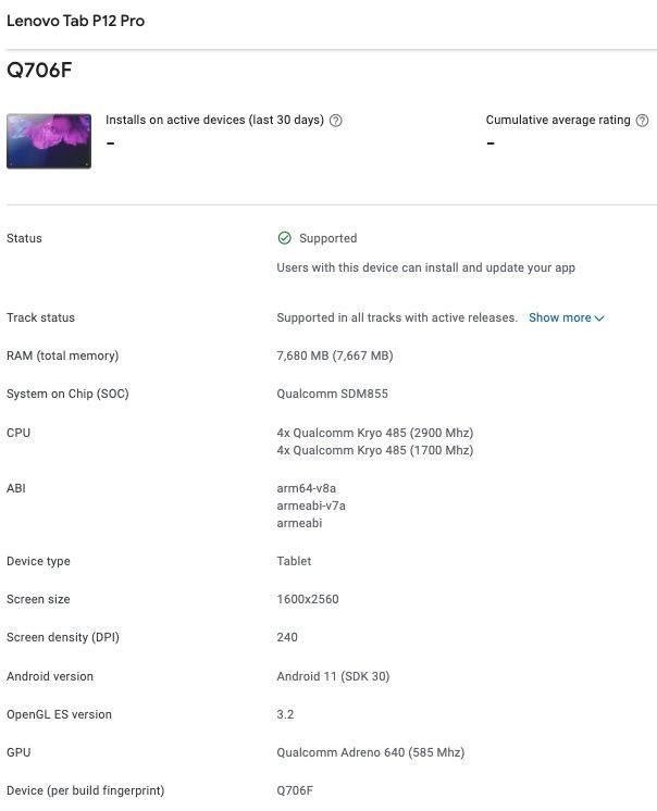 Lenovo Tab P12 Pro Google Play Console Listing