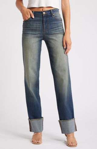 Cuffed Raw Hem Straight Leg Jeans