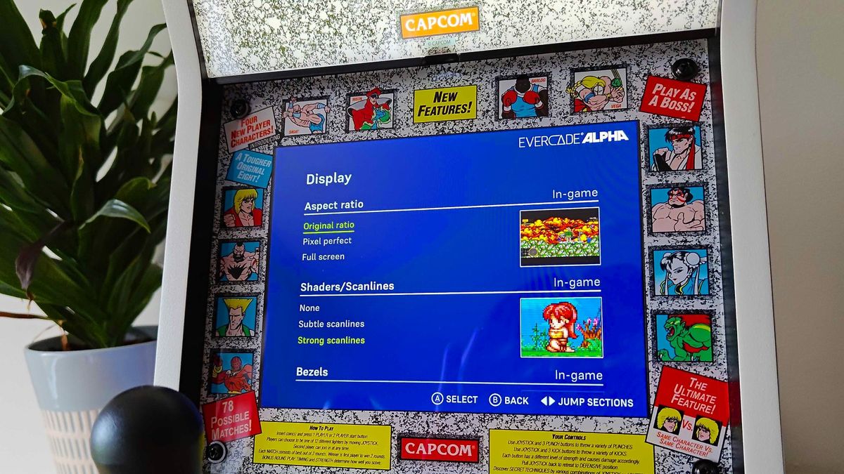Evercade Alpha settings screen with aspect ratio and scanlines submenus