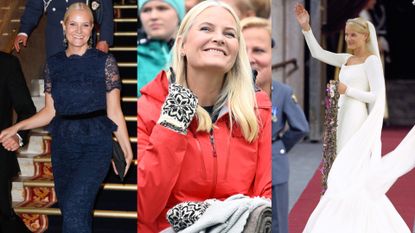 Three photos of Crown Princess Mette-Marit, one of her with a navy lace dress, one of her with a red coat and white-and-black knit mittens and a photo of her in her wedding gown and waving