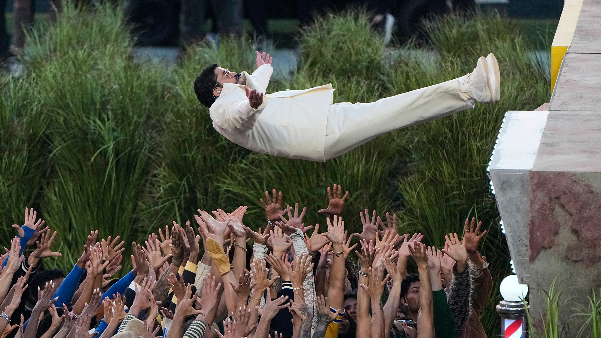 Bad Bunny performs during halftime of the NFL Super Bowl in Santa Clara, California, USA