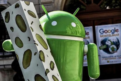 A picture taken on September 21, 2016 shows a statue donated by Google during its inaugurationin Montelimar, as Google decided to launch a new version of the android operating system called A