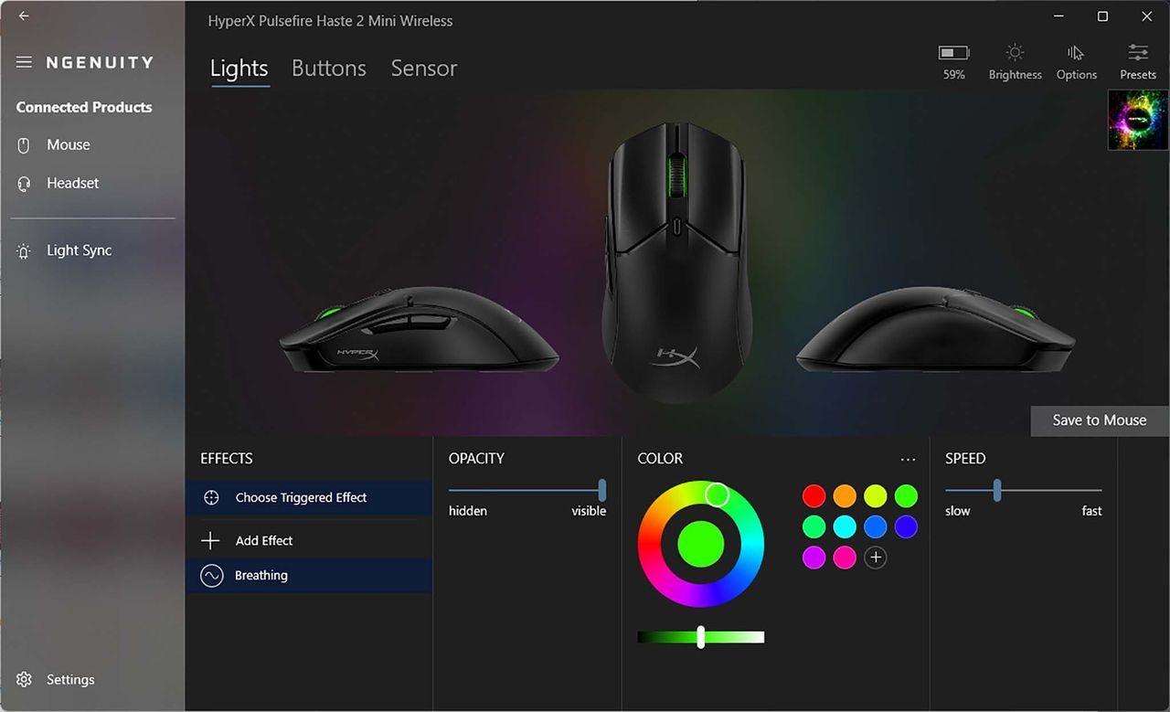 HyperX NGENUITY RGB colors and effects.