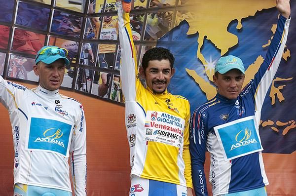 Jersey leaders (l-r): Alexandr Dyachenko (Leading Asian rider), Jose Serpa (Tour leader) and Valentin Iglinskiy (Sprint Points).