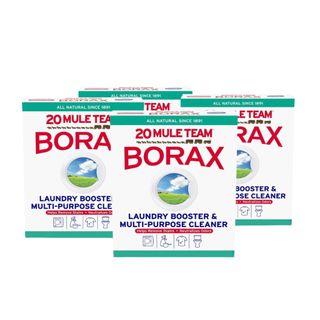 Four white boxes of Borax powder with red writing and turquoise edges